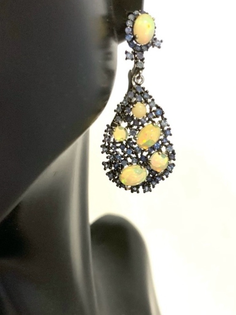Sterling Silver 925 Latch Back Genuine Opal W/Blue Sapphire Earrings